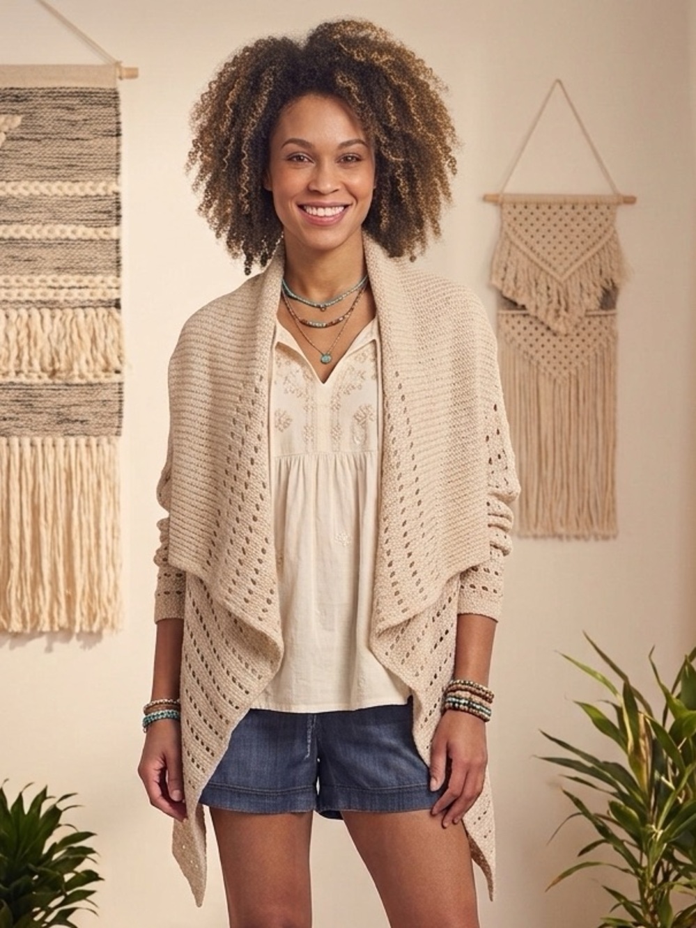 KNOX ROSE Cardigan Women's Size XS Beige Open Knit Sweater Waterfall Front Boho